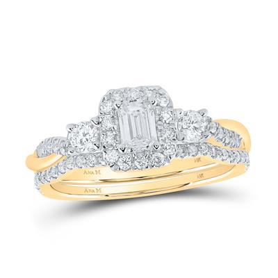 Women's Diamond Emerald Halo Bridal Wedding Ring Set (Certified)